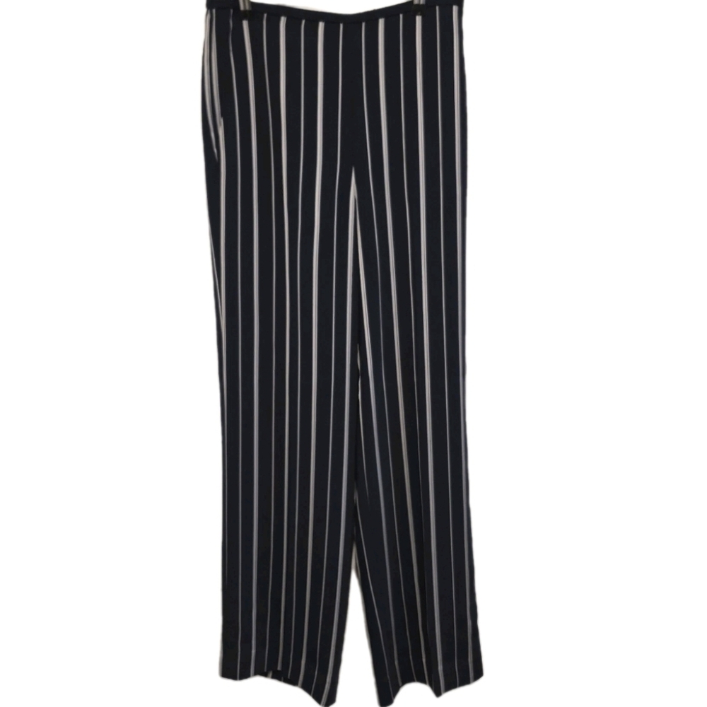 St. John Wide Leg Pants Navy Blue Striped Trousers Pull-On NEW Women's Sz S - Picture 2 of 12